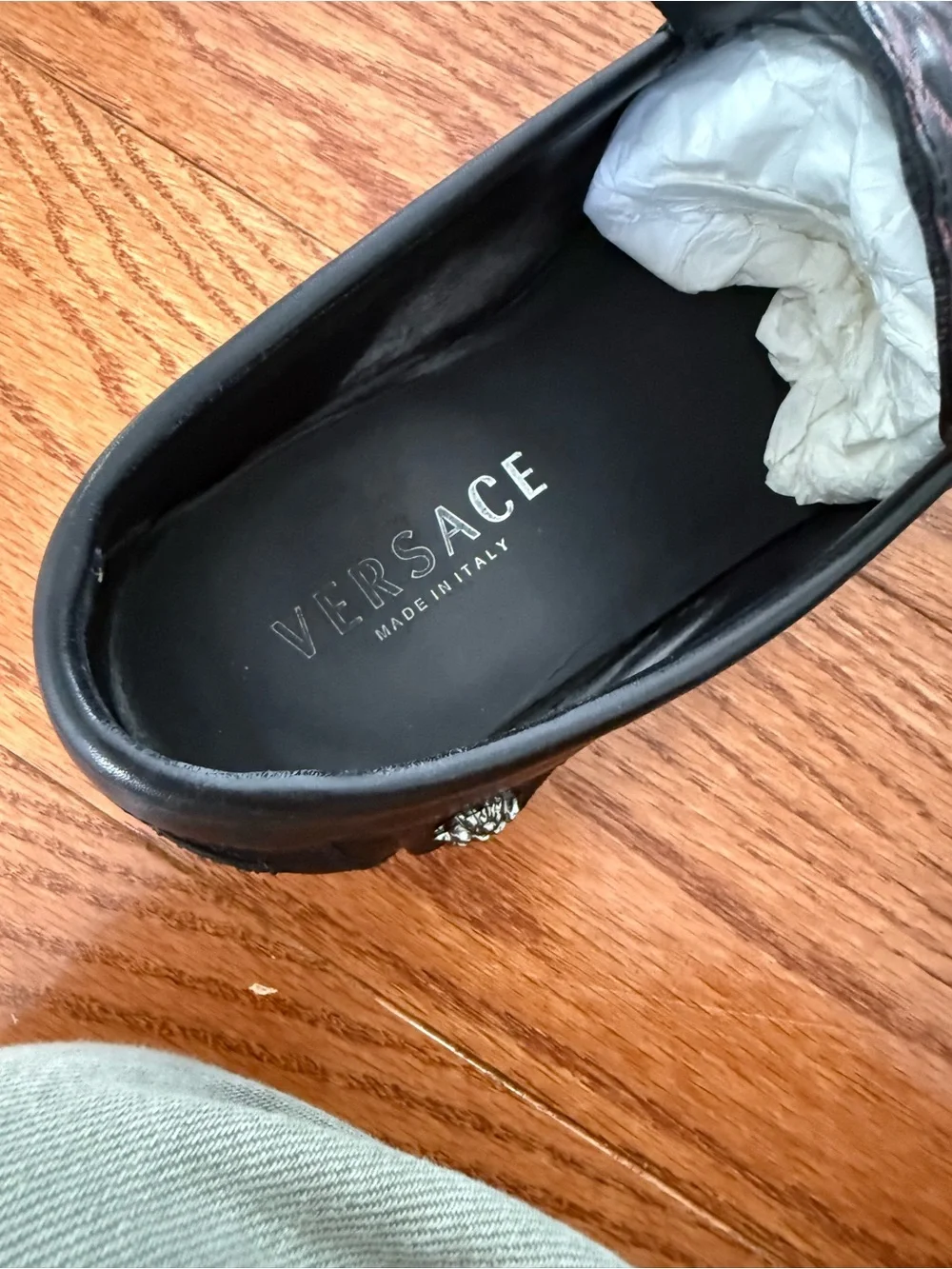 Versace Black Leather Loafers with Red Patterned Vamp